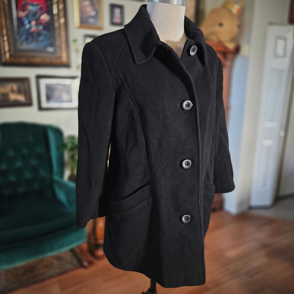 Preston & York Black Wool Blend Car Coat Womens Large‎ Button Front Pea Coat L